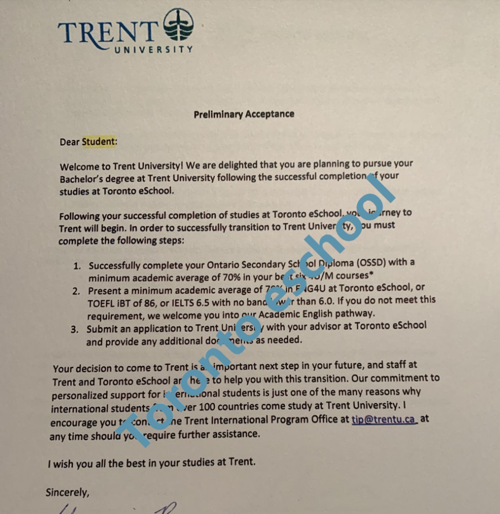 Trent University_Preliminary Acceptance_Toronto eSchool